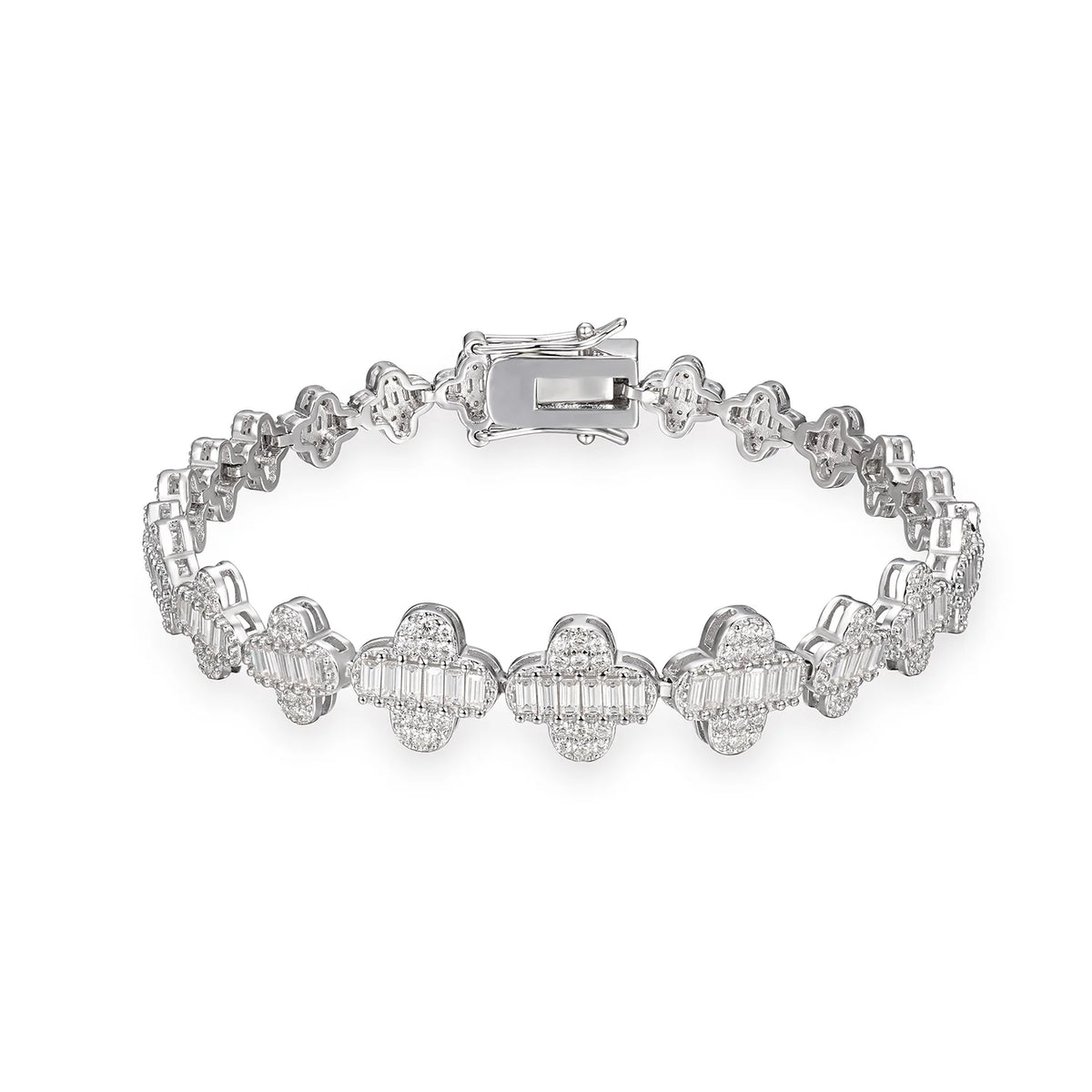 925 Silver 12mm Iced Baguette Clover Graduated Tennis Bracelet moissanite